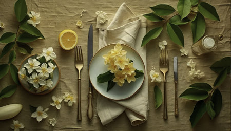 Table setting with yellow flowers, cutlery and cutleryの素材