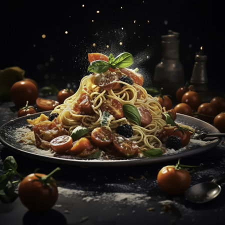 Pasta with cherry tomatoes, blackberries and basil on dark backgroundの素材