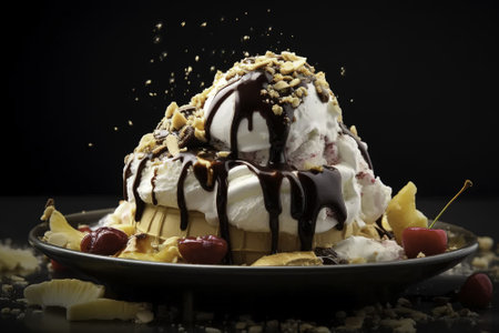 Ice cream sundae with whipped cream and chocolate on a black backgroundの素材