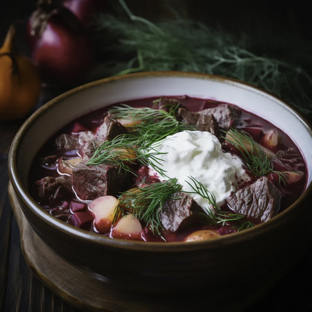 Traditional Ukrainian and Russian borscht with meat, onion and sour creamの素材
