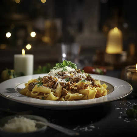 Rigatoni pasta with bolognese sauce and parmesan cheeseの素材