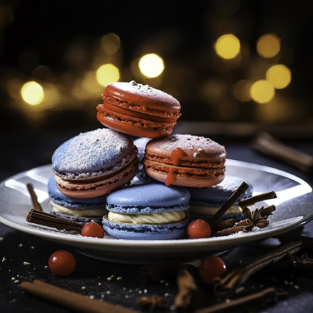 French macaroons with Christmas lights in the background. Toned.の素材