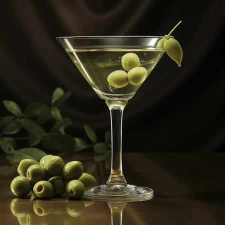 Martini cocktail with olives and olive branch on a dark backgroundの素材