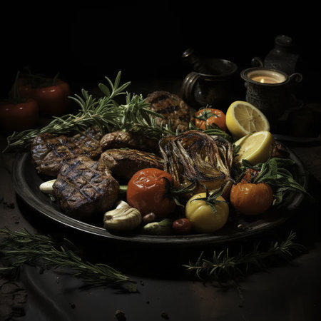 Grilled meat with rosemary and vegetables on a dark background. Toned.の素材