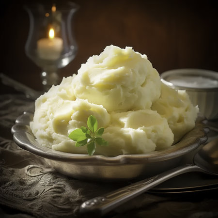 Mashed potatoes with sour cream and herbs on a wooden background. Selective focus. Toned.の素材