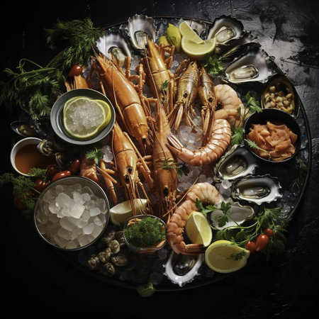 Seafood platter with shrimps, prawns and musselsの素材
