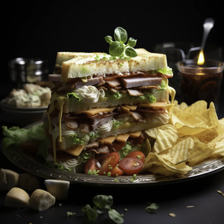 Sandwich with cheese, ham, lettuce and tomato on a black backgroundの素材