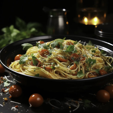 Spaghetti with pesto sauce and cherry tomatoes on a black backgroundの素材