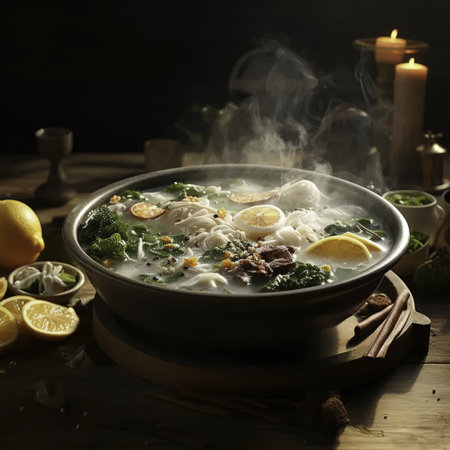 Vietnamese noodle soup with chicken and vegetables on a wooden tableの素材