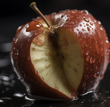 Red apple with water drops on a black background. Shallow depth of field.の素材
