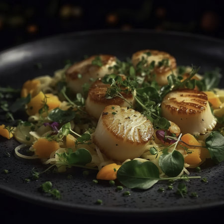 Fried scallops with microgreens on a dark backgroundの素材