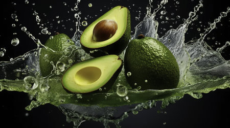 Fresh avocados with water splash on black background, closeupの素材