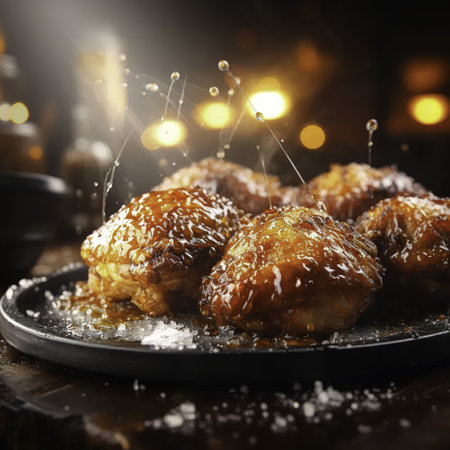 Delicious deep fried chicken wings on a black plate over dark backgroundの素材