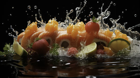 slices of fresh salmon in water splash on a black backgroundの素材