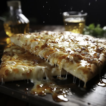 Pizza with cheese, sauce and olive oil on a black backgroundの素材