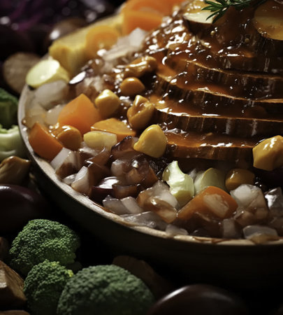 Roast duck with vegetables in a wooden bowl. Selective focus. Toned.の素材