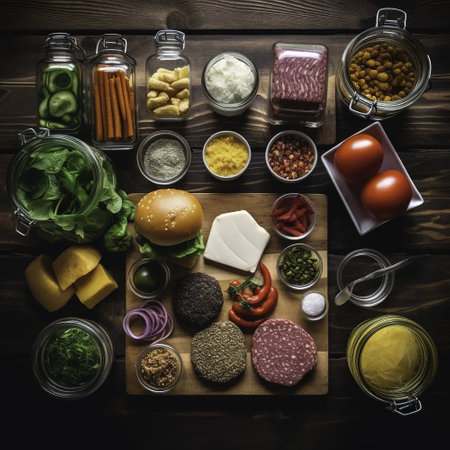 Foods high in protein on a wooden background. Top view.の素材