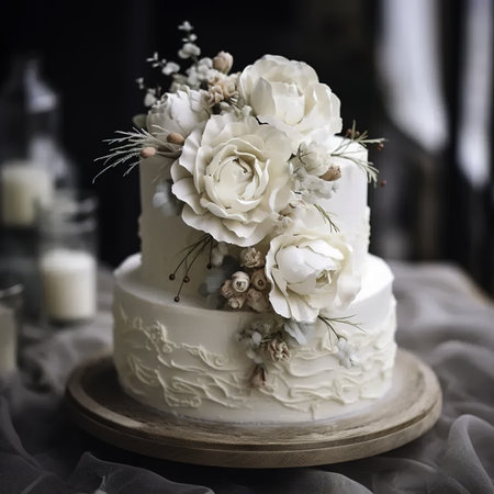 Wedding cake with white flowers on a wooden stand in the interiorの素材