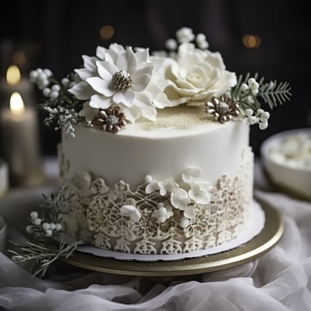 Wedding cake decorated with white flowers on a dark background.の素材