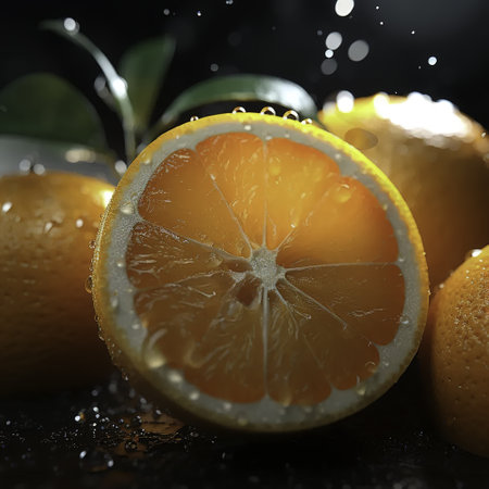 Lemon and orange slices with water drops on black background, closeupの素材