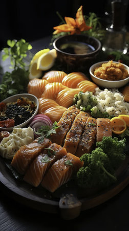 Japanese food on wooden table, closeup. Traditional japanese foodの素材