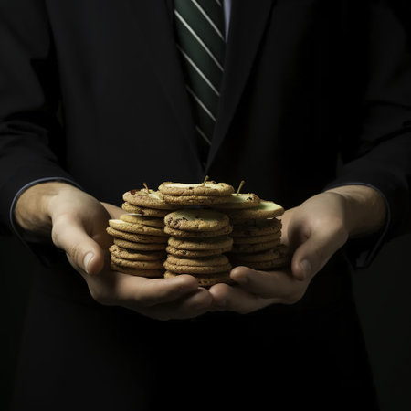 businessman holding stack of cookies in his hands, close-upの素材