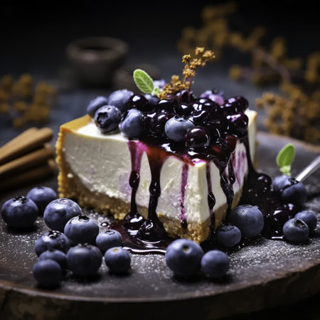 cheesecake with blueberries and chocolate sauce, selective focus.の素材
