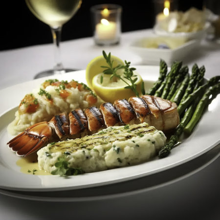 grilled salmon with mashed potatoes and asparagus on white plateの素材