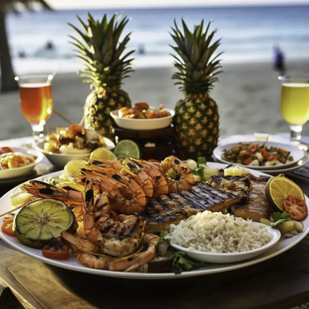 Grilled fish with rice and pineapple on the beach in the eveningの素材