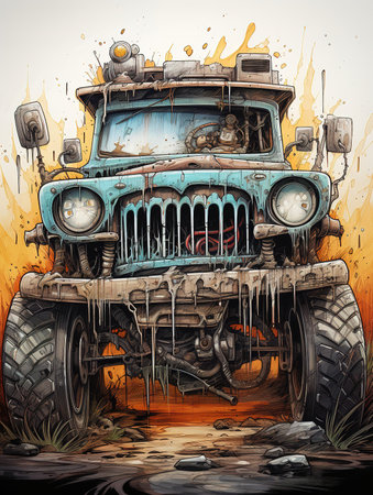 Vintage old truck with splashes of paint. Hand-drawn illustration.の素材