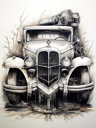 Vintage Classic Old Car Illustration. Hand Drawn Artwork.の素材