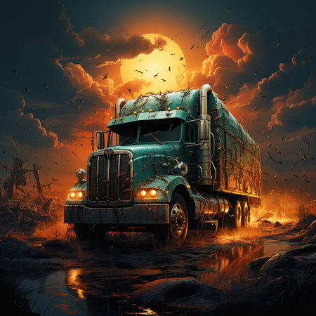 Truck in fire on the background of the moon. 3d illustrationの素材