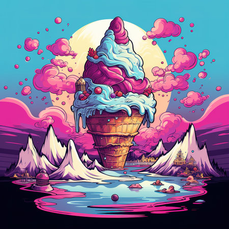 Ice cream in waffle cone on the background of mountains and the moonの素材