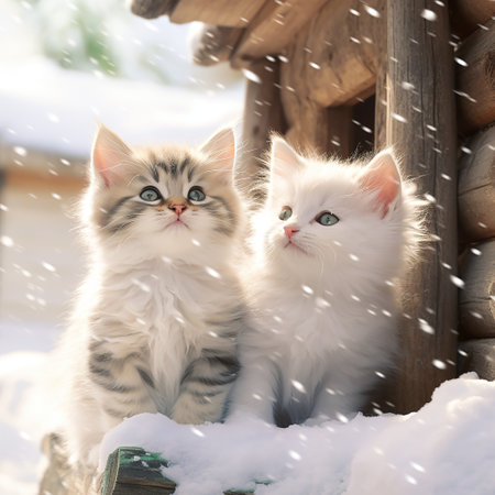 Two white fluffy kittens sit on the porch of a wooden house in the snowの素材