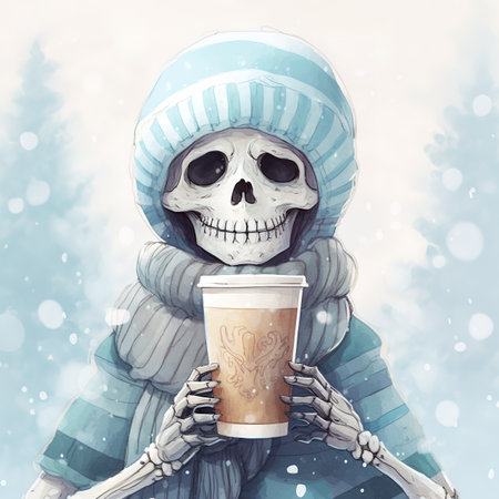 Skull in winter clothes with a cup of coffee in his hands.の素材