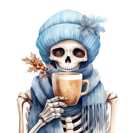 Watercolor illustration of a skeleton in winter clothes with a cup of coffee.の素材