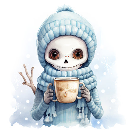 Watercolor illustration of a cute little girl in a blue knitted hat and scarf with a cup of hot chocolate.の素材