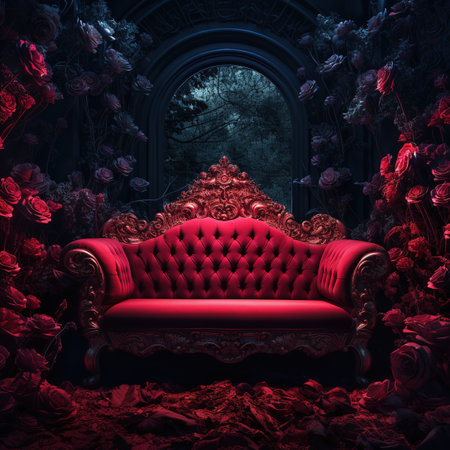 Luxury red leather sofa in dark vintage interior with flowers. 3D Renderの素材