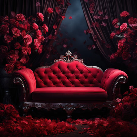 Luxury red leather armchair with a crown and a frame of red roses. 3d renderingの素材