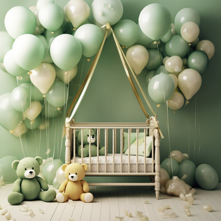3D rendering of a baby room with a crib, teddy bears and balloonsの素材