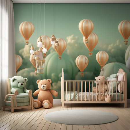 3d render of baby room with teddy bear and balloons.の素材