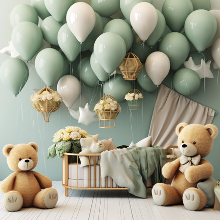 3d rendering childrens room decorated with balloons and teddy bearの素材