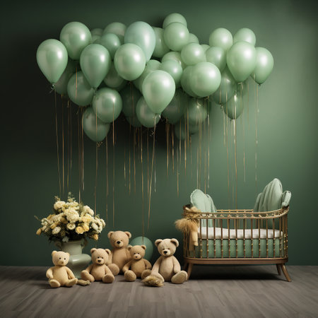 Baby room with crib, teddy bears and green balloons. 3d renderingの素材