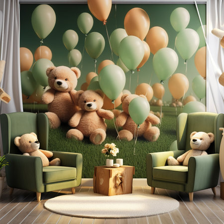 3d render of children room with green armchairs and teddy bearsの素材