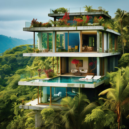 3d render of modern house with pool and terrace on the mountainの素材