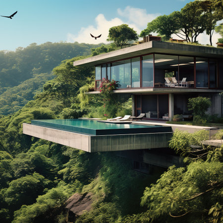 3d rendering of modern cozy house with pool and parking for sale or rent. Green forest on background.の素材