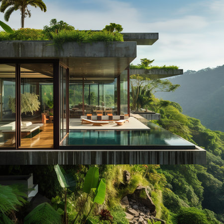 3d rendering of modern cozy house with pool and parking for sale or rentの素材