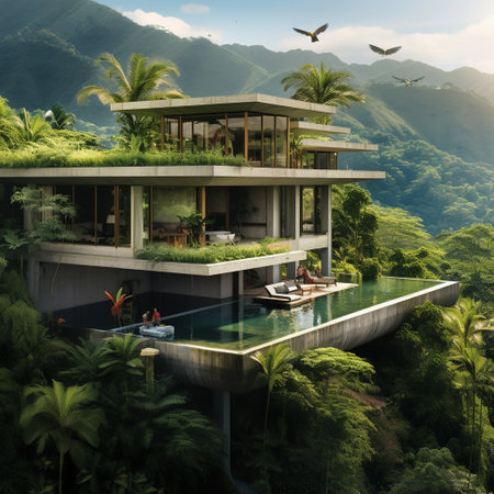 3d rendering of modern cozy house with swimming pool and terrace.の素材