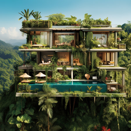 3D rendering of a beautiful villa on the top of the mountainの素材