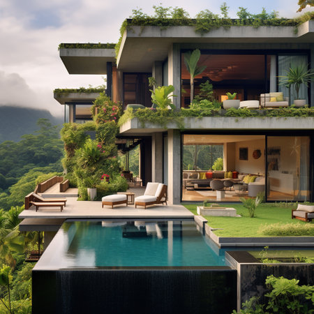 3d rendering of modern cozy house with pool and parking for sale or rent. Beautiful tropical island in the background.の素材